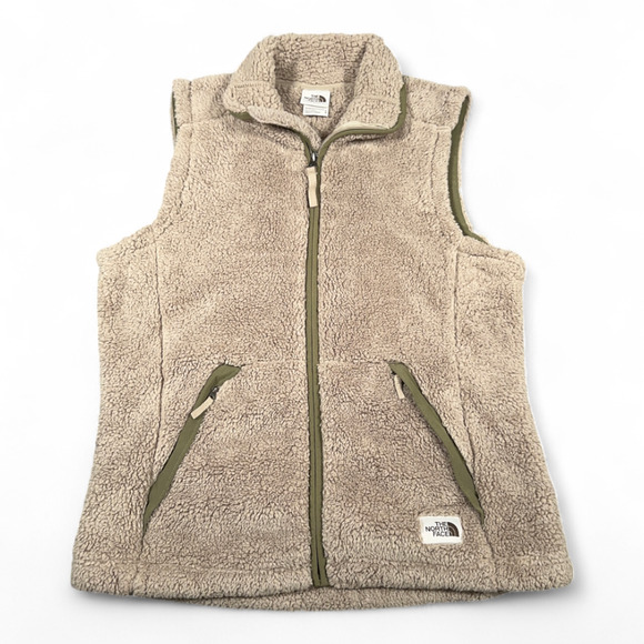 North Face Vest Womens MEDIUM Brown Sherpa Fleece Campshire Outdoor Green Trim - Picture 1 of 10